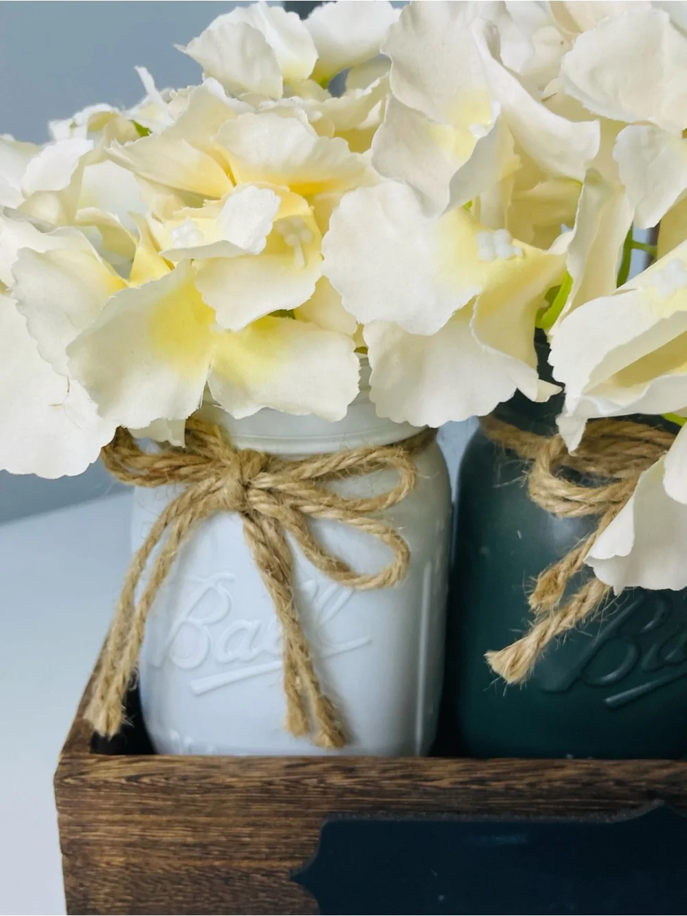 Mason Jar Trio Centerpiece with Cream Floral Accent Rustic Farmhouse